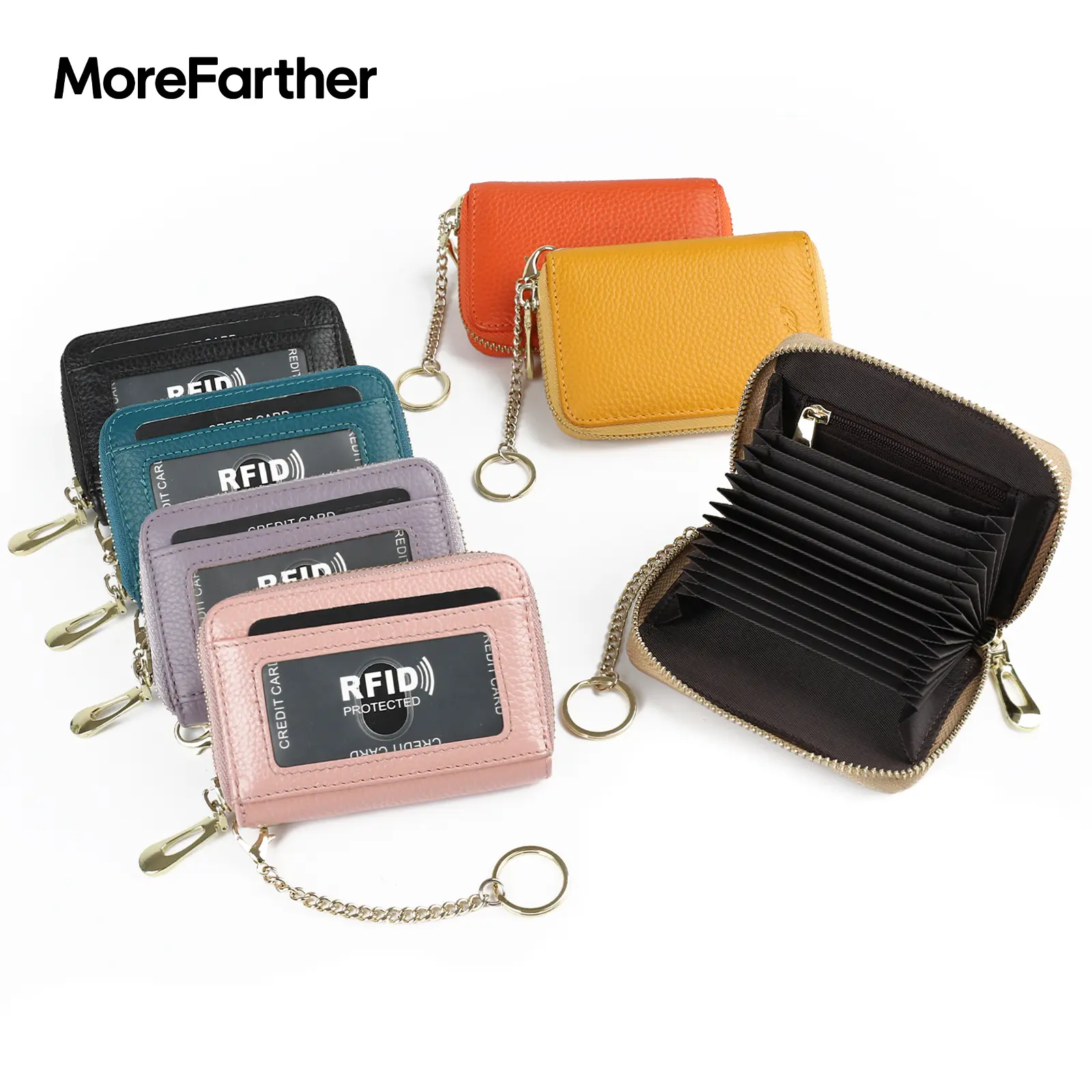 Rfid Credit Card Holder, Businese Card Case, Wallet for Women Men | Genuine Leather Card Wallet with id Window, Keychain & Double Zipper, Water-resistan Small Wallet with Gift Box, Daily Travel