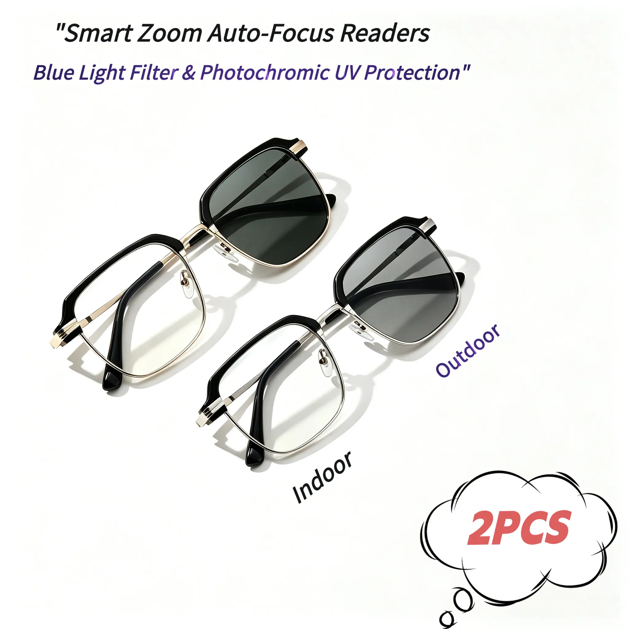 Men's Accessories 2pcs Non-Prescription Auto-Focus Reading Glasses - Intelligent Zoom, Anti-Blue Light, Photochromic Transition Lenses, UV Protection, Eye Strain Relief, Stylish Rectangular Frames, Holiday/Birthday Gift Idea