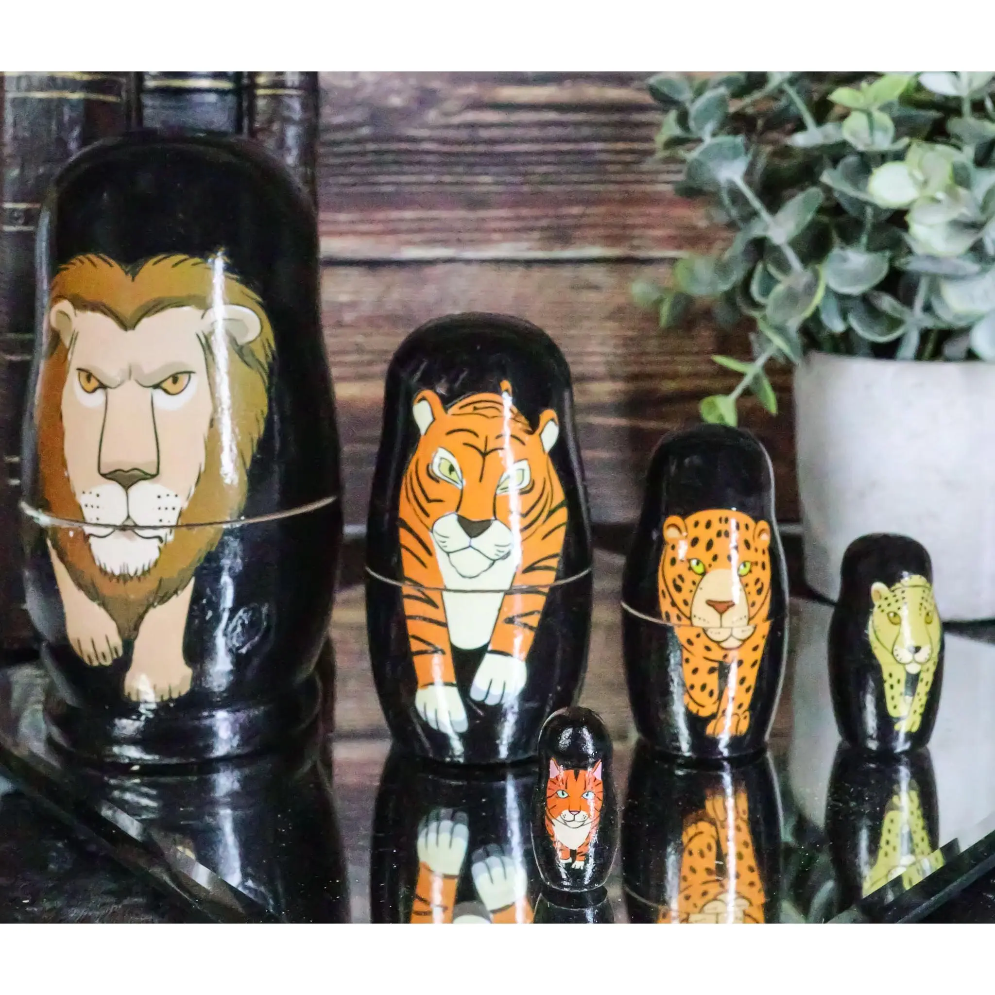 Ebros Gift Black Safari Jungle Animals Cats Lion Tiger Cheetah Jaguar Tabby Cat Wooden Toy Stacking Nesting Dolls 5 Piece Set Hand Painted Wood Decorative Collectible Matryoshka Doll Toys