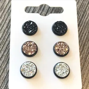 Druzy Stud Women's 10mm Earrings Set of 3 - Lightweight Earrings with Clear Backs, Includes Black, Rose Gold & Silver Studs in Small Jewelry Box
