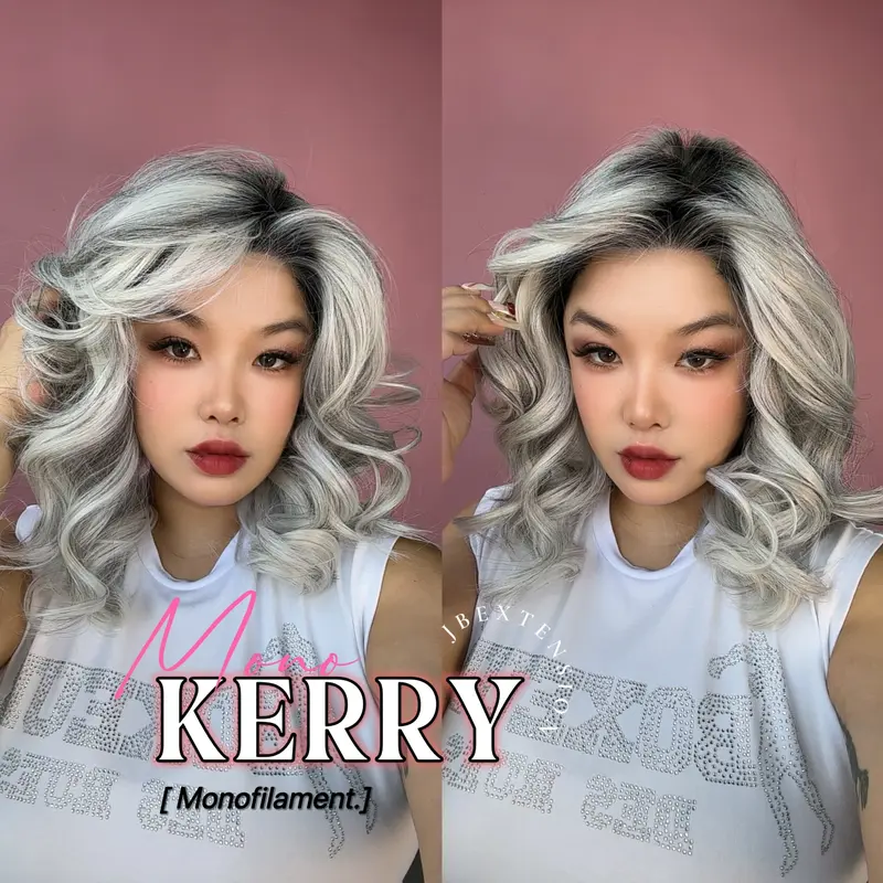 JBEXTENSION KERRY MONO Monofilament Handmade Wig 6X5 Full Monofilament Hand Tied Top Wig 18 Inches Grey with Dark Root Mono Lace Wig With Anti-slip Silicone Strips Glueless Wig KERRY MONO【BENDY EAR TABS】
