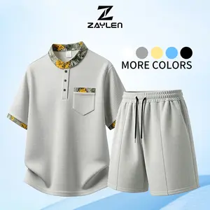 Men’s Waffle Knit Matching Set – Floral Trim Polo Shirt & Drawstring Shorts 2 Piece Summer Outfit