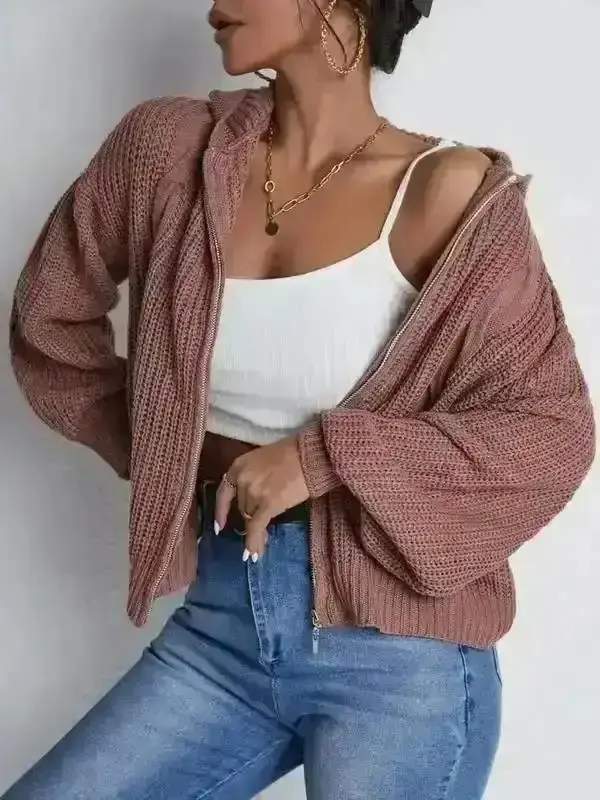 2026 New Model Women's Zipper Up Hooded Casual Cardigan Sweater, Autumn/Winter Long Sleeve Solid Color Cable Knit Fashion Loose Fit Soft Cozy Stylish Women Fall Outfit, Winter for Cute Knitwear knitted Outerwe