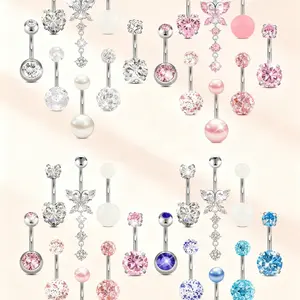 Stainless Steel Zircon Belly Ring Set, Butterfly Heart Decorative Navel Rings, 8 Piece Piercing Jewelry, Elegant Design for Women and Girls, Belly Button Rings