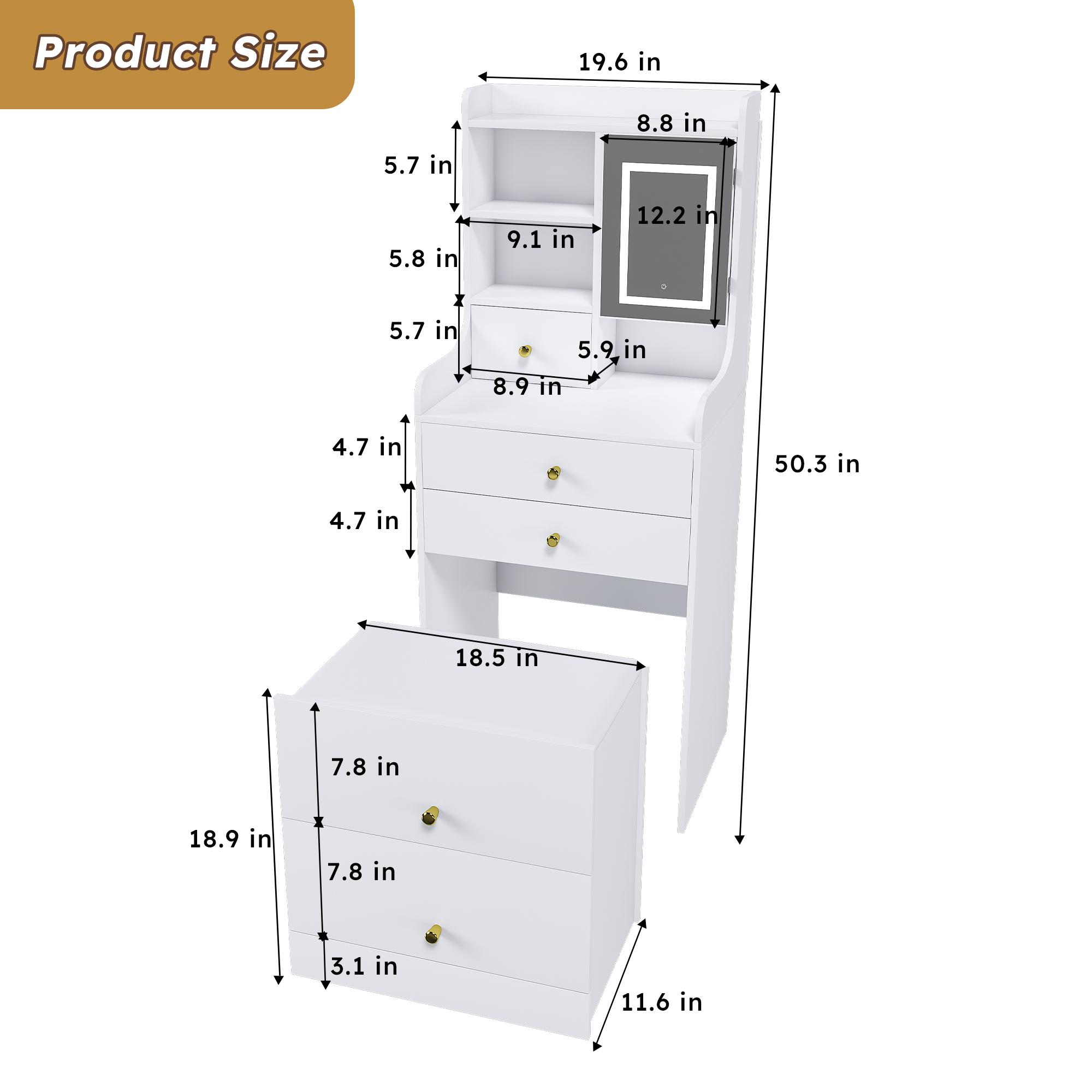 3-in-1 Vanity Desk with LED Mirror and Lights, Compact Makeup Vanity Table with 4 Drawers, Storage Cabinet, Hidden Stool & Shelves for Bedroom, Brightness Adjustable, White 3-in-1 Vanity Desk with LED Mirror and Lights, Compact Makeup Vanity Table with 4 Drawers, Storage Cabinet, Hidden Stool & Shelves for Bedroom, Brightness Adjustable, White