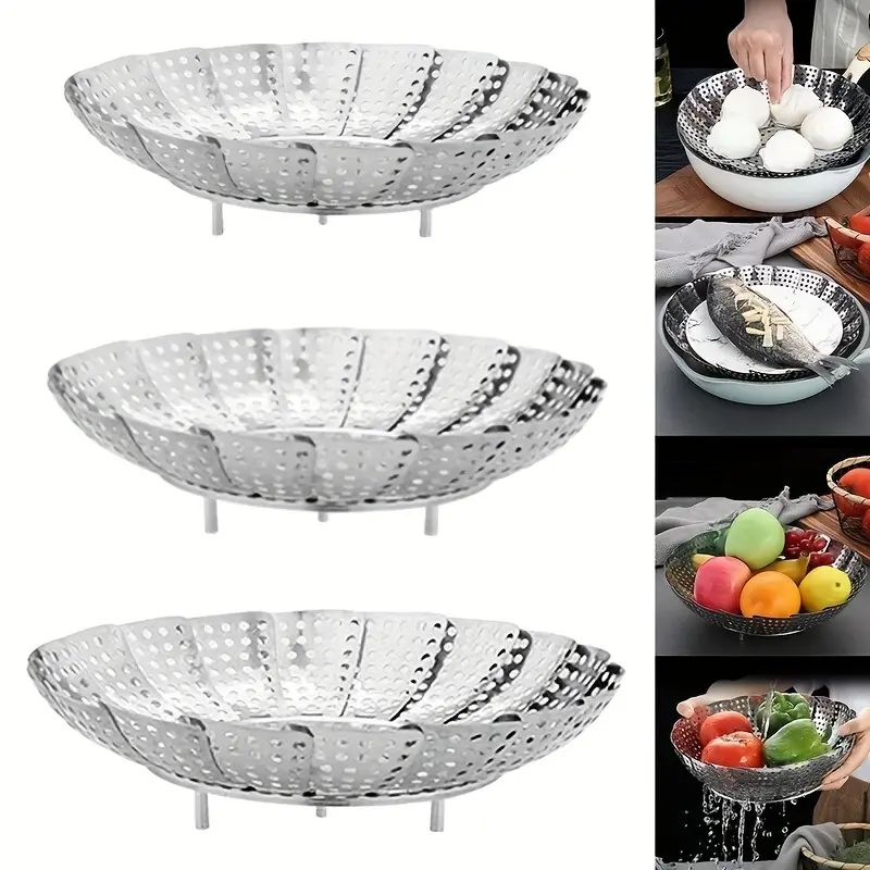 Stainless Steel Folding Steamer Basket - Multifunctional Steaming Rack for Oven, Air Fryer, Vegetables, Meat, and Fruits, with Handle, Space-Saving Kitchen Tool B19