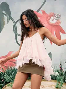 Cider Ruffle Hem Knotted Layered Mesh Cami Top