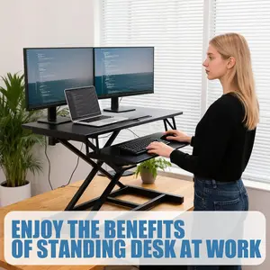 Height Adjustable Standing Desk 32” Wide Sit to Stand Converter Stand Up Desk Tabletop Workstation for Laptops Dual Monitor Riser Black。