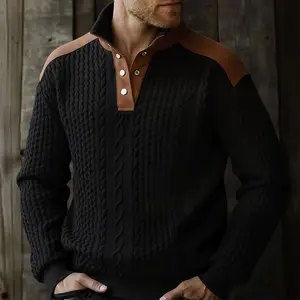 Men's trendy cable knit patchwork sweatshirt, new outdoor casual stand collar long-sleeved pullover