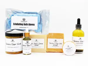 Ammoya Naturals Medium Intensity Brightening Skin Care 7 Piece Set Exfoliant Cleansing Serum Hydrating Lavender Lemon Brazilian Bum Kojic Intensive Soap Blend Face Scrub Nourishing
