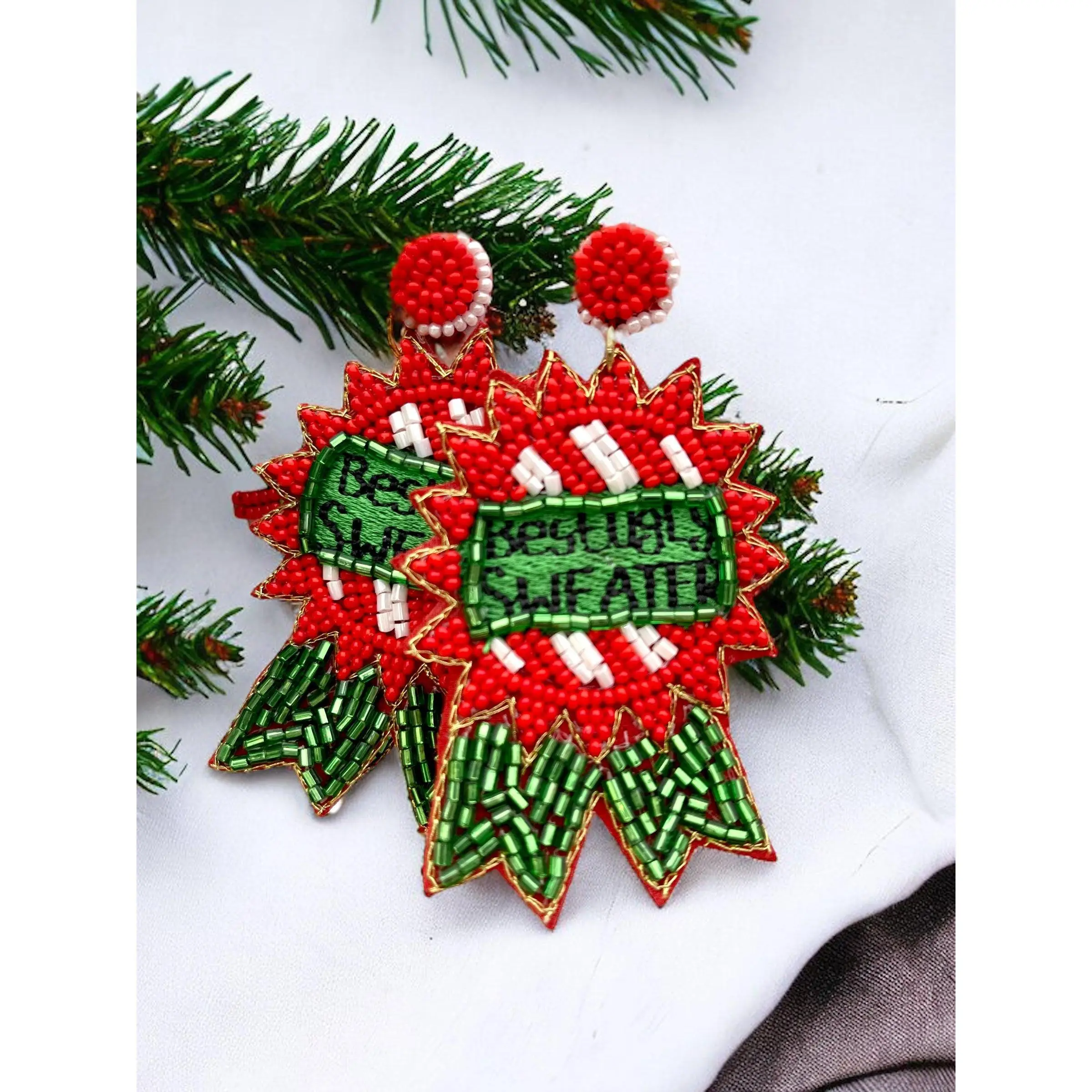 Beaded Ugly Christmas Sweater Earrings - Festive Holiday Earrings