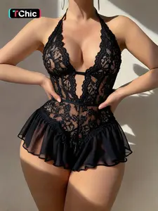 Women's Lace Jumpsuit, Lingerie, Halter Deep V Sheer Ruffle Design, Couples Date Night Pajamas, Elegant Plain Style, All Seasons Wear