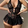 Women's Lace Jumpsuit Lingerie, Halter Deep V Sheer Ruffle Design, Couples Date Night Pajamas, Elegant Plain Style, All Seasons Wear