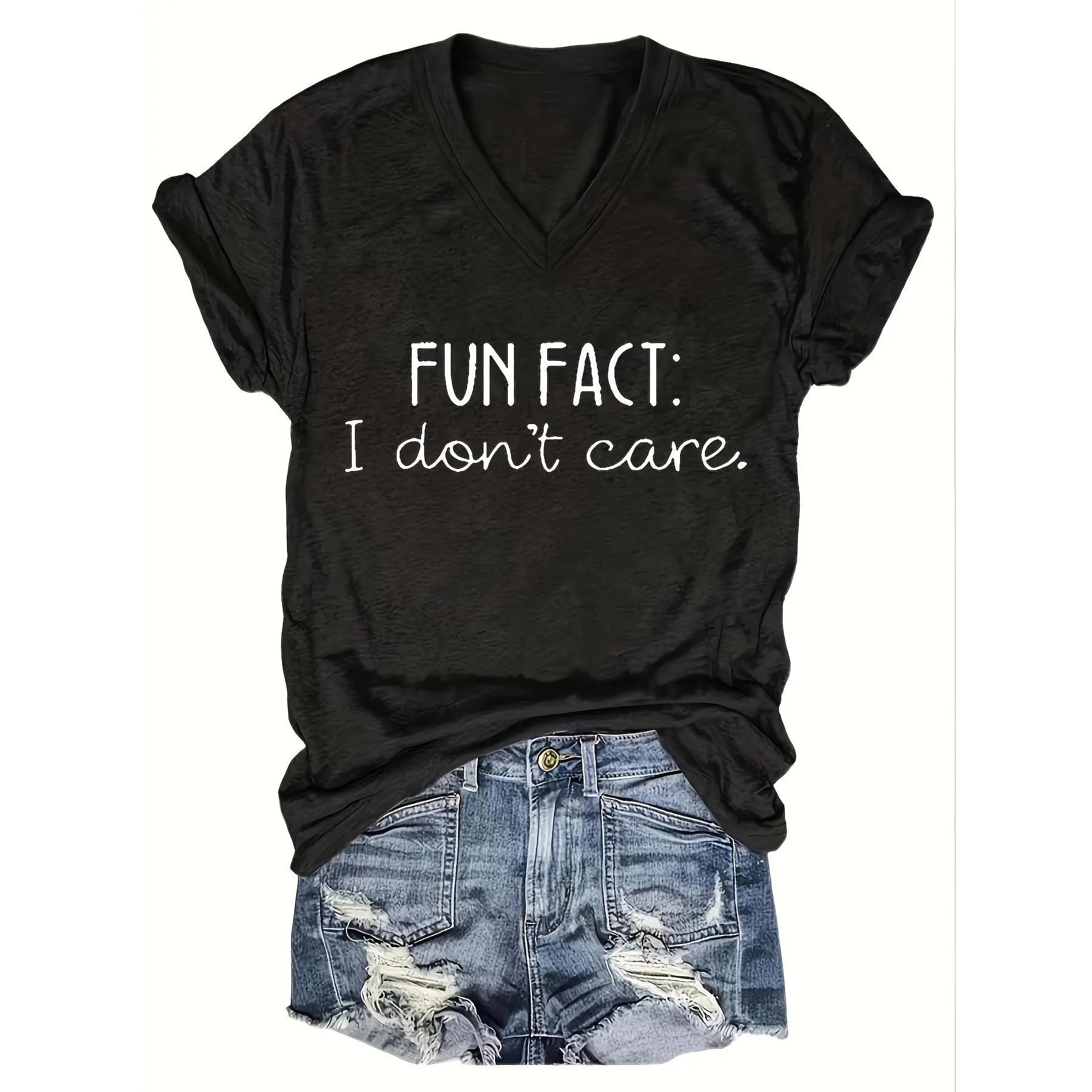Women's Fitted Shortsleeve Tshirt - 100% Cotton Chic Machine-Washable Casual Tee with "Fun Fact: I Don't Care" Graphic Print, Summer Black Womenswear Top