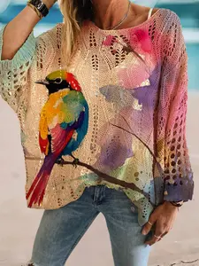 Women's Summer Knit Top, One Shoulder Hollow Out Batwing Sleeve, Bird Print Long Sleeve, Casual Boho Breathable, Boho Style, Casual Elegance, Vacation Wear, Animal, Womenswear