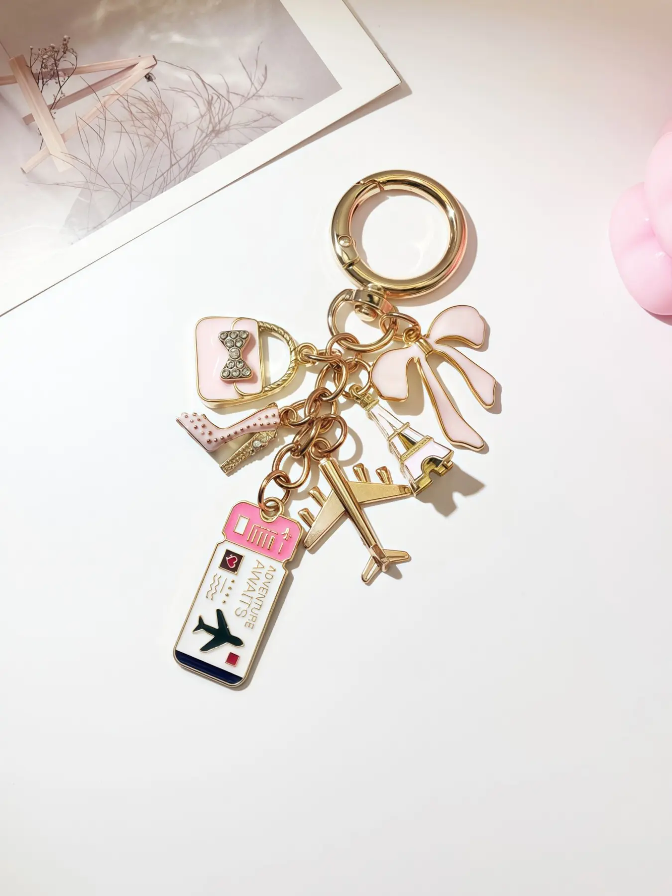 Elegant Bow Travel Keychain Charm, Drip Design Plane Luggage Tag Passport Holder DIY Accessory, Women's Bag Pendant, Holiday Gift, Shopping Bag Key Holder