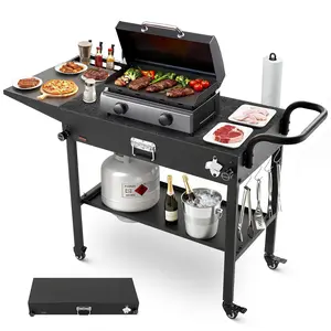 VEVOR Portable Steel Outdoor Grill Cart - 31x17 in Heat-Resistant Iron Countertop, Foldable Detachable Cooking Station with Tissue Holder, Hooks, Wheels, Side Table for Picnic, Courtyard