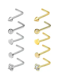 L-Shape Nose Ring Earrings, 304 Surgical Steel Nose Rings Jewelry with Cz Gemstone, Cubic Zirconia Jewelry, Hypoallergenic, Unisex, Size 8mm, All Seasons