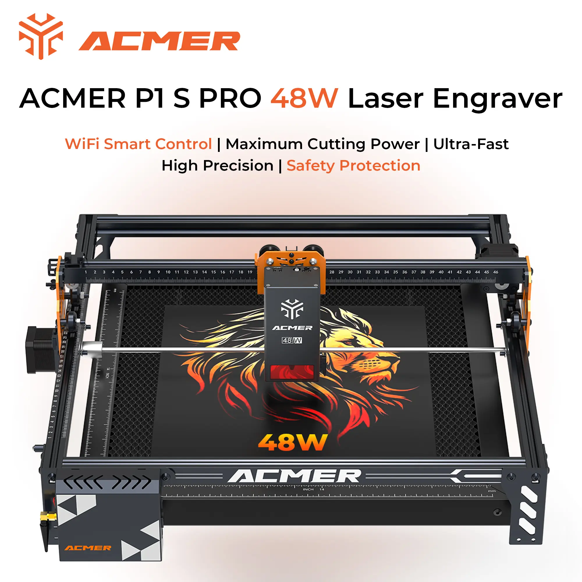 ACMER P1 S Pro 48W Laser Engraver & Cutter | Built-in WiFi Module | 380×350mm Work Area | 10000mm/min High Speed | 0.01mm Precision | 25L/min Air Assist | Safety Limit Switch & Emergency Stop