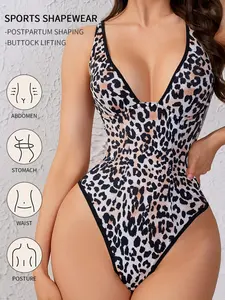 Leopard Print Women's Sports Shapewear Bodysuit, With Wild Charming Vibe, Strong Tummy Control Waist Shaping Butt Lift Posture Correction, For Postpartum Recovery Daily Wear, Deep V Design Show Your Curves