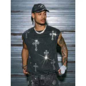 Cross Rhinestone Tank Top Vintage Crewneck Sleeveless Summer Muscle Shirts Streetwear
