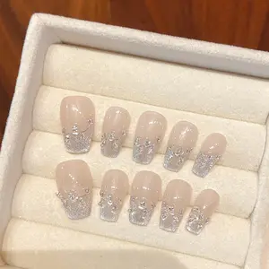 2025 Trendy Tulip Press-On Nails 3D Floral Nude Pink Wearable Nails Premium Custom Fake Nails for Women Long-Lasting Easy to Wear with Butterfly Design & Sparkling Accents