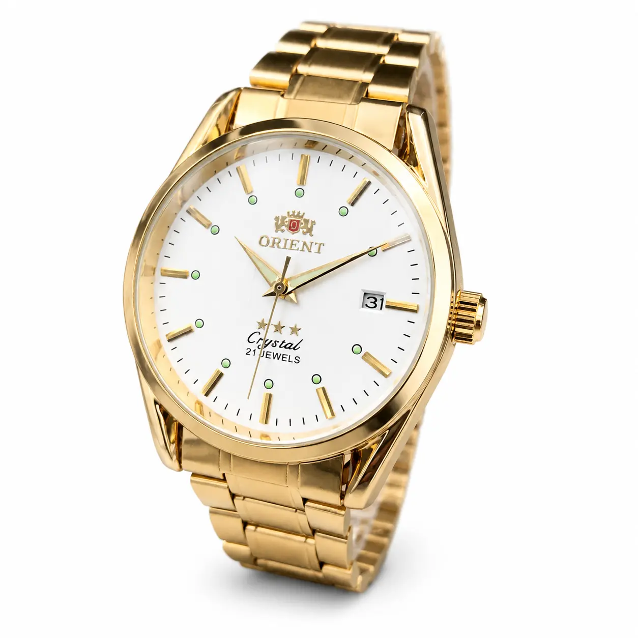 Orient Automatic Men’s Watch - Clean White Textured Dial, Luminous Hour Markers, Date Window, 21-Jewel Movement, Bracelet Band, Water-Resistant Classic Business-Casual Self-Winding Dress Watch, Premium Gentlemen’s Gift