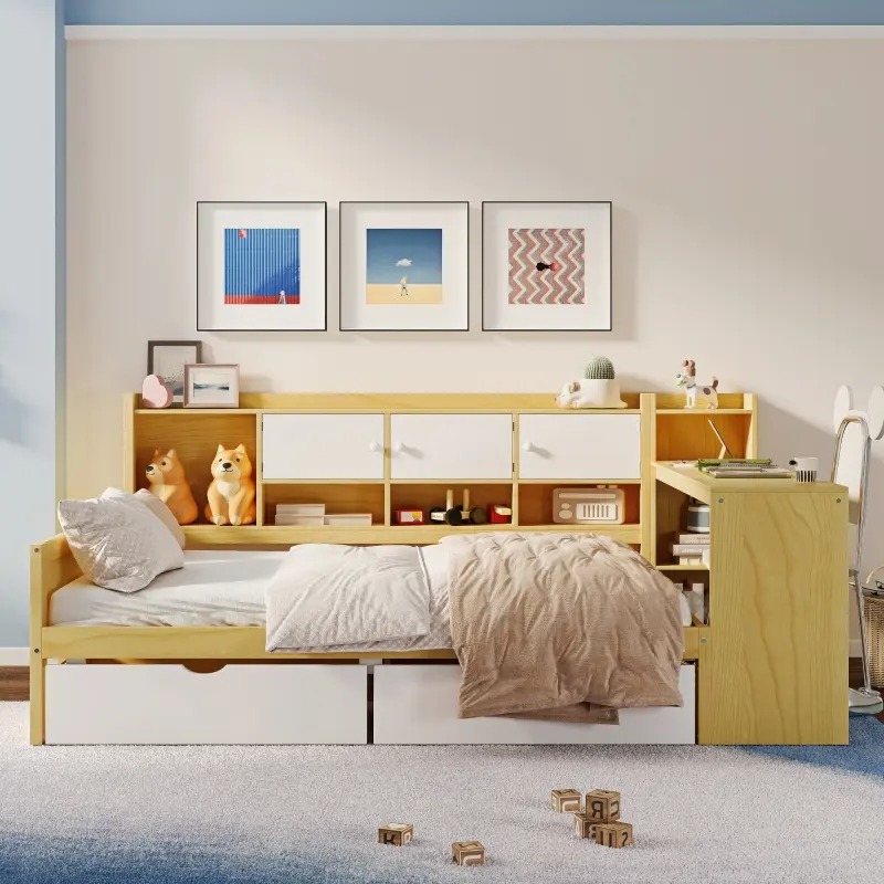Twin/Full Wooden L-Shape Daybed with Seven Storage Cabinets and Two Storage Drawers, Multi-functional Bed with Study Desk and Built-in Bookshelf, Natural+White