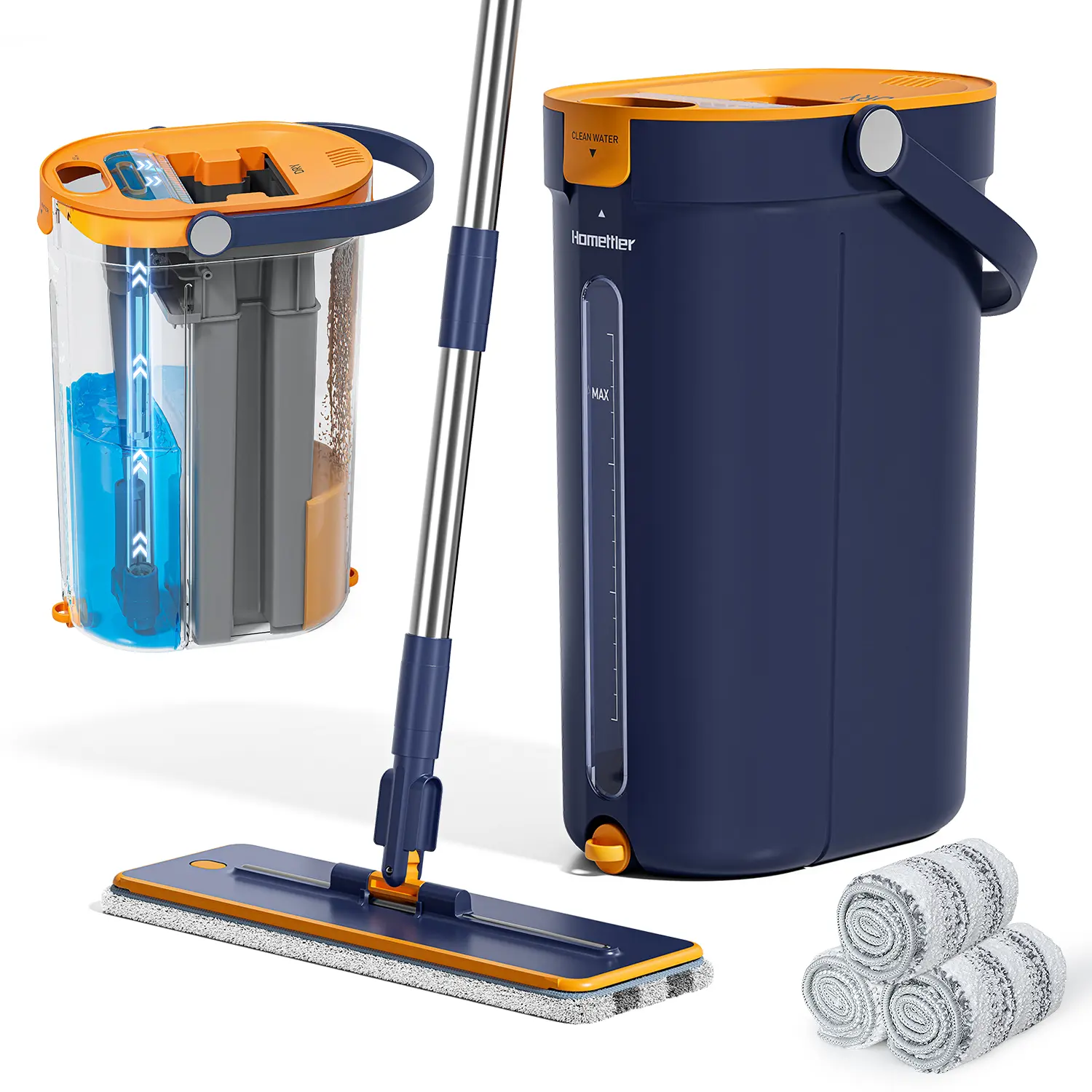 Homettler 3-Tank Flat Mop and Bucket Set with Wringer, Wall-Mountable Floor Cleaner with Long Handle, Hands-Free Cleaning Tool with 4 Microfiber Pads head brush pet hair dusting steam