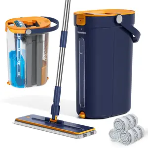Homettler 3-Tank Flat Mop and Bucket Set with Wringer, Wall-Mountable Floor Cleaner with Long Handle, Hands-Free Cleaning Tool with 4 Microfiber Pads head brush pet hair dusting
