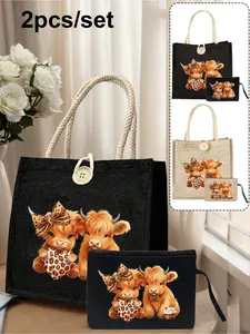 Highland Cow Print Handbag and Wallet Set, Cute Animal Pattern Jute Handbag, Button Closure, Reusable Multifunctional Shoulder Bag