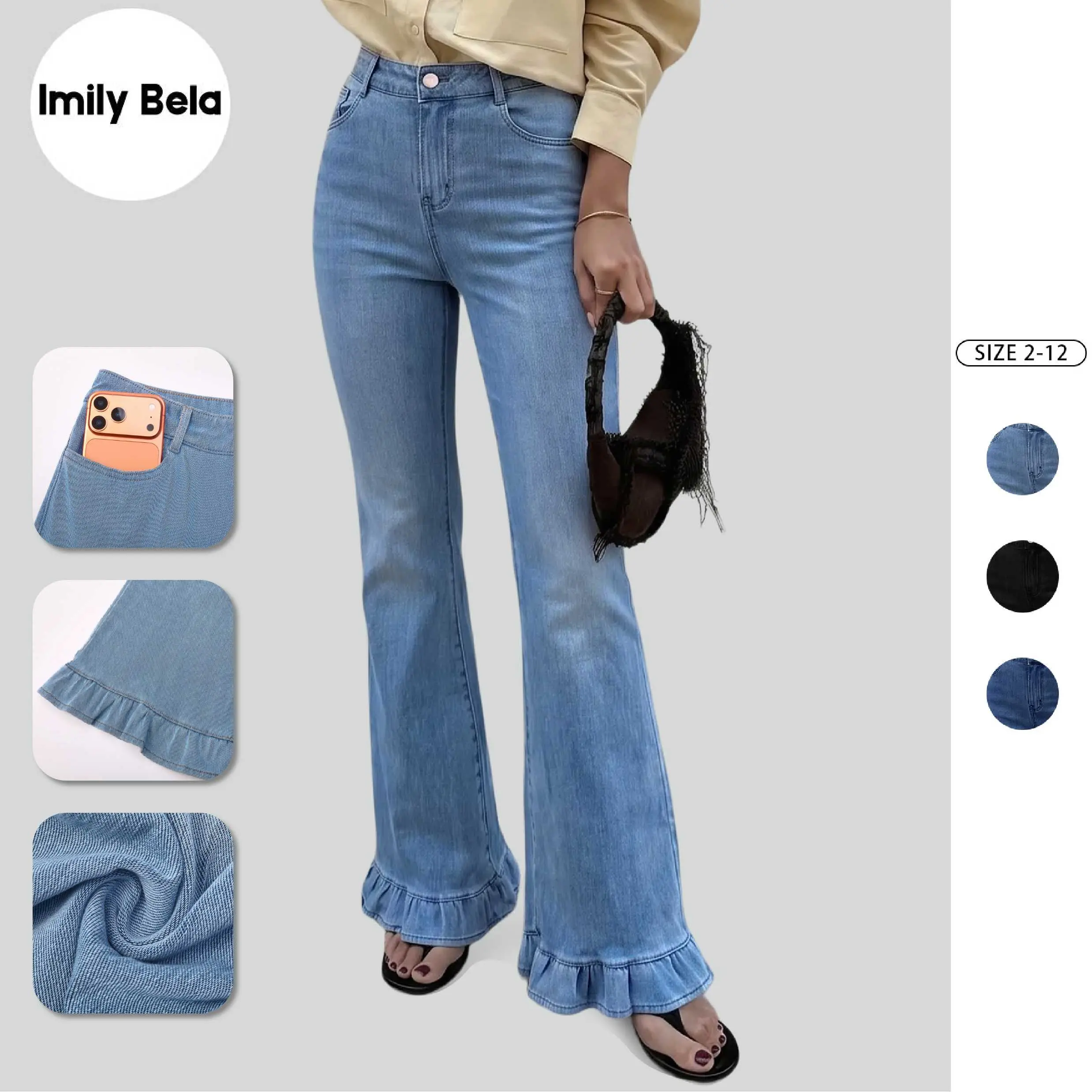 Imily Bela Women’s High Waisted Flare Jeans with Ruffle Hem, Vintage Washed Blue Denim Pants, Trendy Y2K Bell Bottom Wide Leg Jeans with Pockets for Casual Streetwear