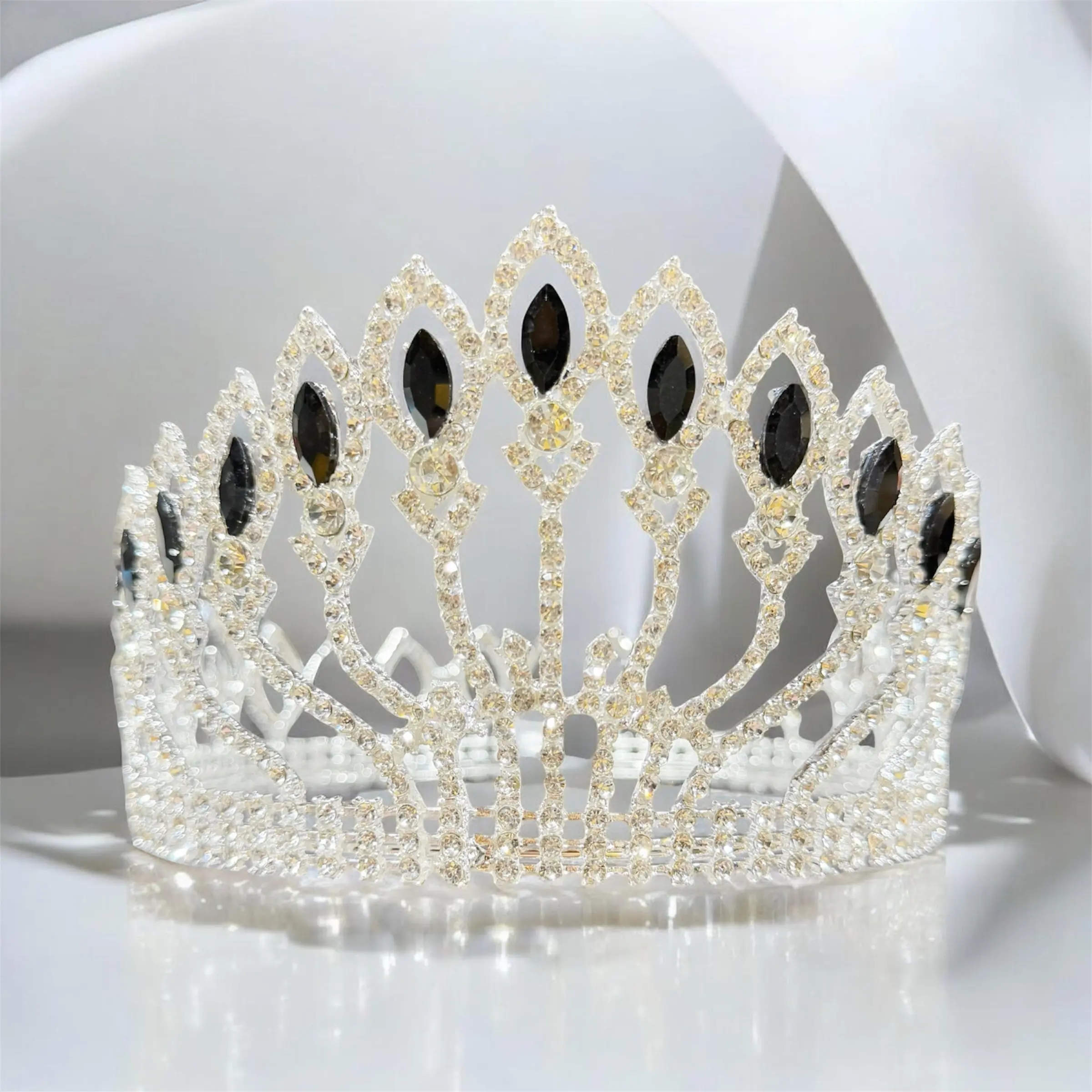 Elegant Silver Crown with Black Crystal Accents - Bridal Wedding Tiara, Royal Headpiece Fashion Hair Accessory