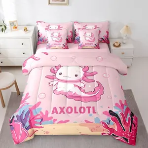 Pink Axolotl Comforter Set with Sheets 7 Piece Cute Cartoon Axolotl Bed in A Bag Kawaii Pink Marine Life Bedding Set,for Women Men Ocean Wildlife Coral Bed Set