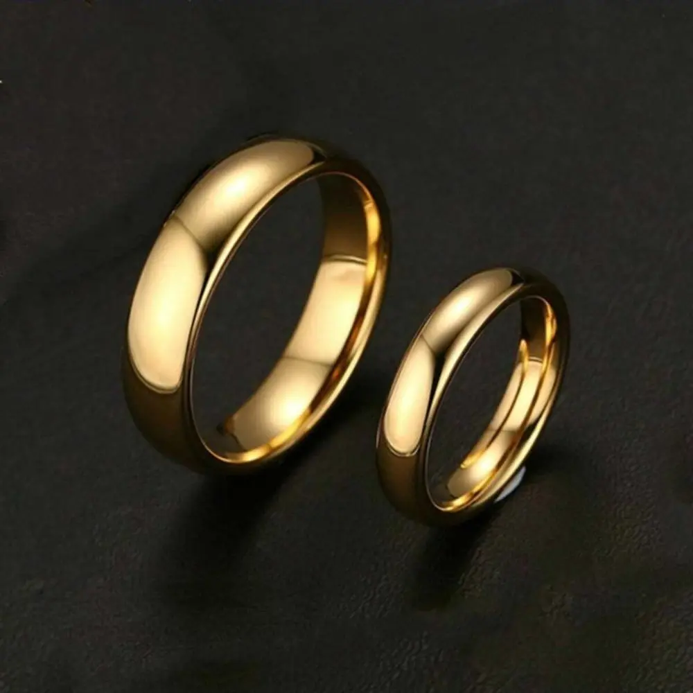 Couple's 2-Piece Minimalist Plain Golden Stainless Steel Bands - Elegant Wedding Gift, Engagement Jewelry Ring Set, Simple Bands, Couple Ring Set, Matching Wedding Band