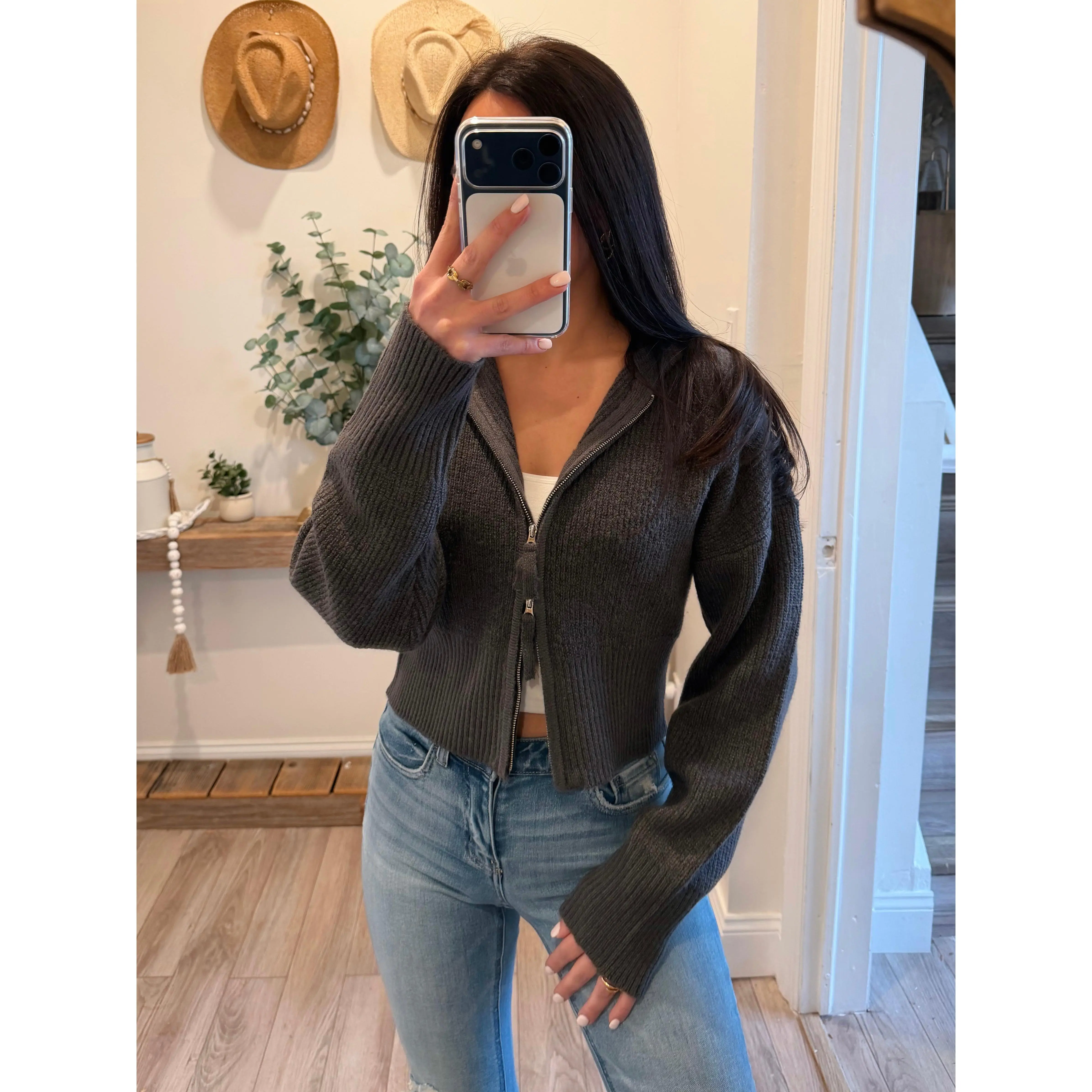 Charcoal Front Zip Collared Sweater Cardigan