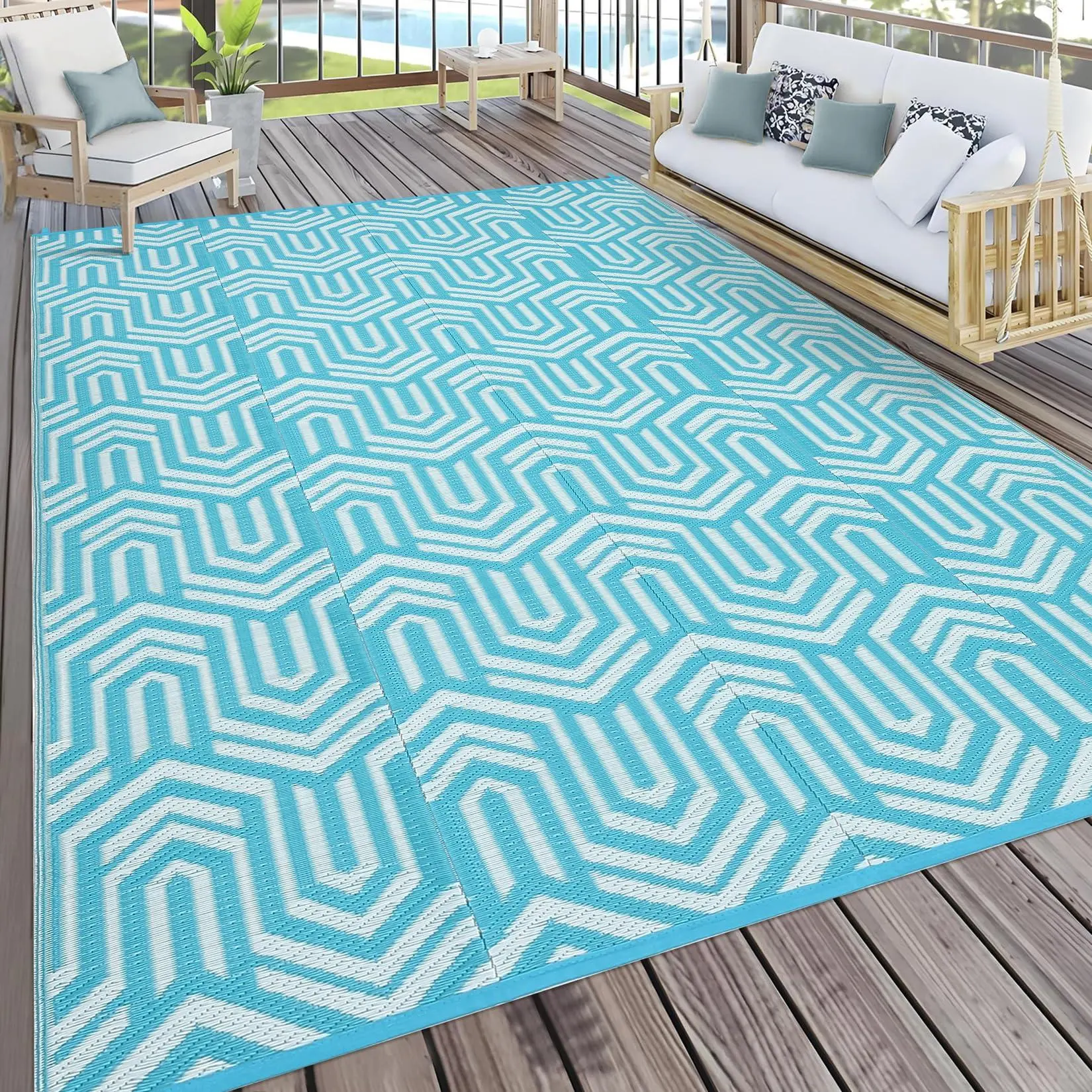 Reversible Outdoor Area Rug 9x18 Large Camping RV Rug in Blue and White, Waterproof Plastic Straw Patio Mat Lightweight Easy Clean for Deck Balcony Backyard