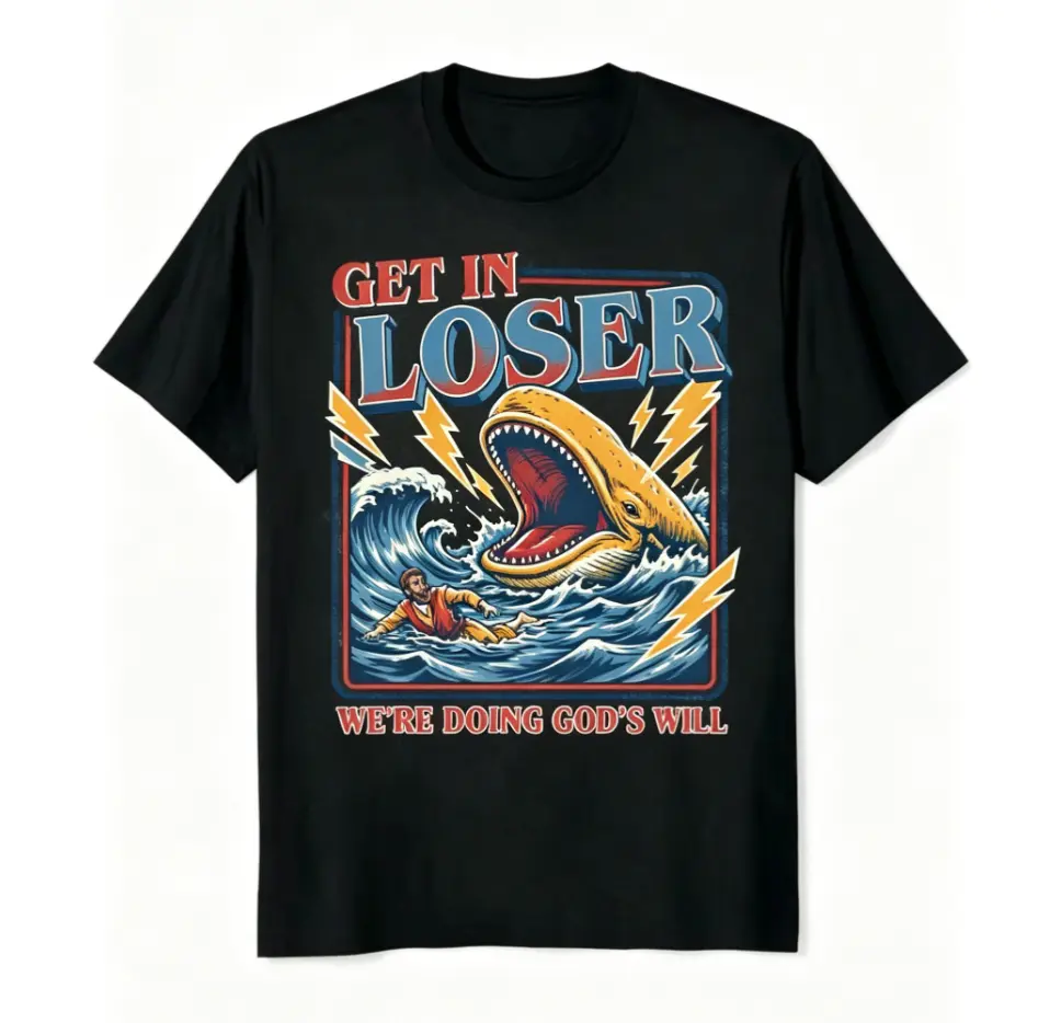 Men's Unisex Cotton Round Neck Oversized  T-Shirt - Jesus Christian Streetwear, Jonah and the Whale Graphic, "Get In Loser We're Doing God's Will" Verse, Faith Humor Fabric Style Religious Gift