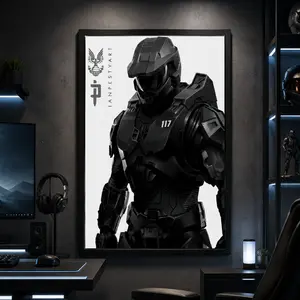 Halo Master Chief Spartan 117 Game Poster - Premium frameless wall art for gaming rooms, minimalist modern black and white illustration, the perfect gift for Xbox fans and collectors.,Canvas Poster Wall Decor, Room Decorations, Funky Home Decor