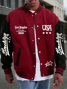 Men's Casual Essential New Style Color Block Baseball Jacket Usa La Print, Polyester Material, Available in 8 Colors for All Seasons, Fashionable and Versatile for Parties and Outdoor Activities