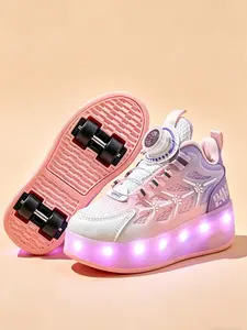 Girls' Mesh Glowing Roller Skates, Adjustable Button Closure, Four-Wheel Skate Shoes, Casual Sporty Design, Ideal for Kids, Fashionable Skate Shoes, LED Lighting Shoes