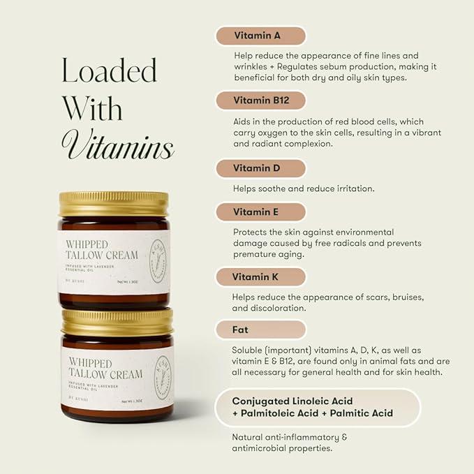 Kushi Whipped Tallow Cream - Grass-Fed Natural Moisturizer with Vitamins A D E K for Dry Skin Eczema Psoriasis Rosacea & Acne Gentle Moisture Hydrate Moisturizing