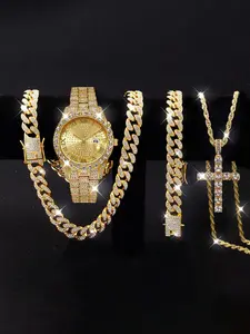 Men's Rhinestone Quartz Watch Set, Business Casual Analog Wristwatch, Includes Cuban Hip Hop Bracelet & Necklace Jewelry