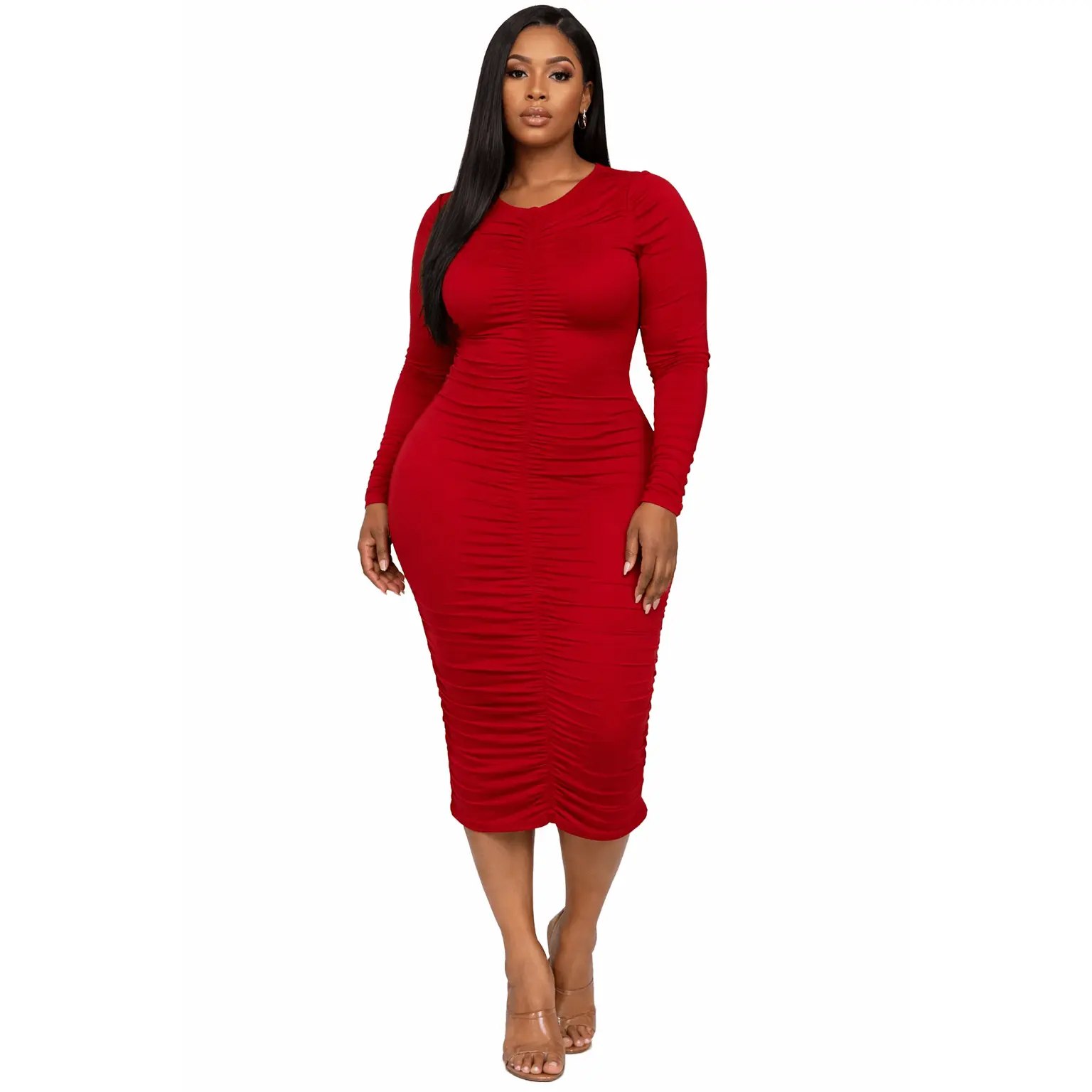 Women's Elegant Formal Longsleeves Plus Size High Stretch Jersey Bodycon Midi Dress - 1X, Slimming Ruche, Body Contouring Fit for Evening Party, Night Out