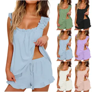 Summer women's sleeveless ruffled tank top, stylish and elegant two-piece shorts set, casual sports outfit