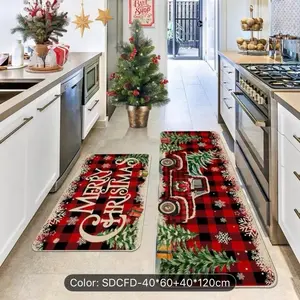 2pcs Christmas Kitchen Floor Mat Set Farmhouse Truck Red Buffalo Plaid Memory Foam Non-Slip Rugs for Kitchen Home Office Laundry Room Bathroom SDCFD-40*60+40*120cm