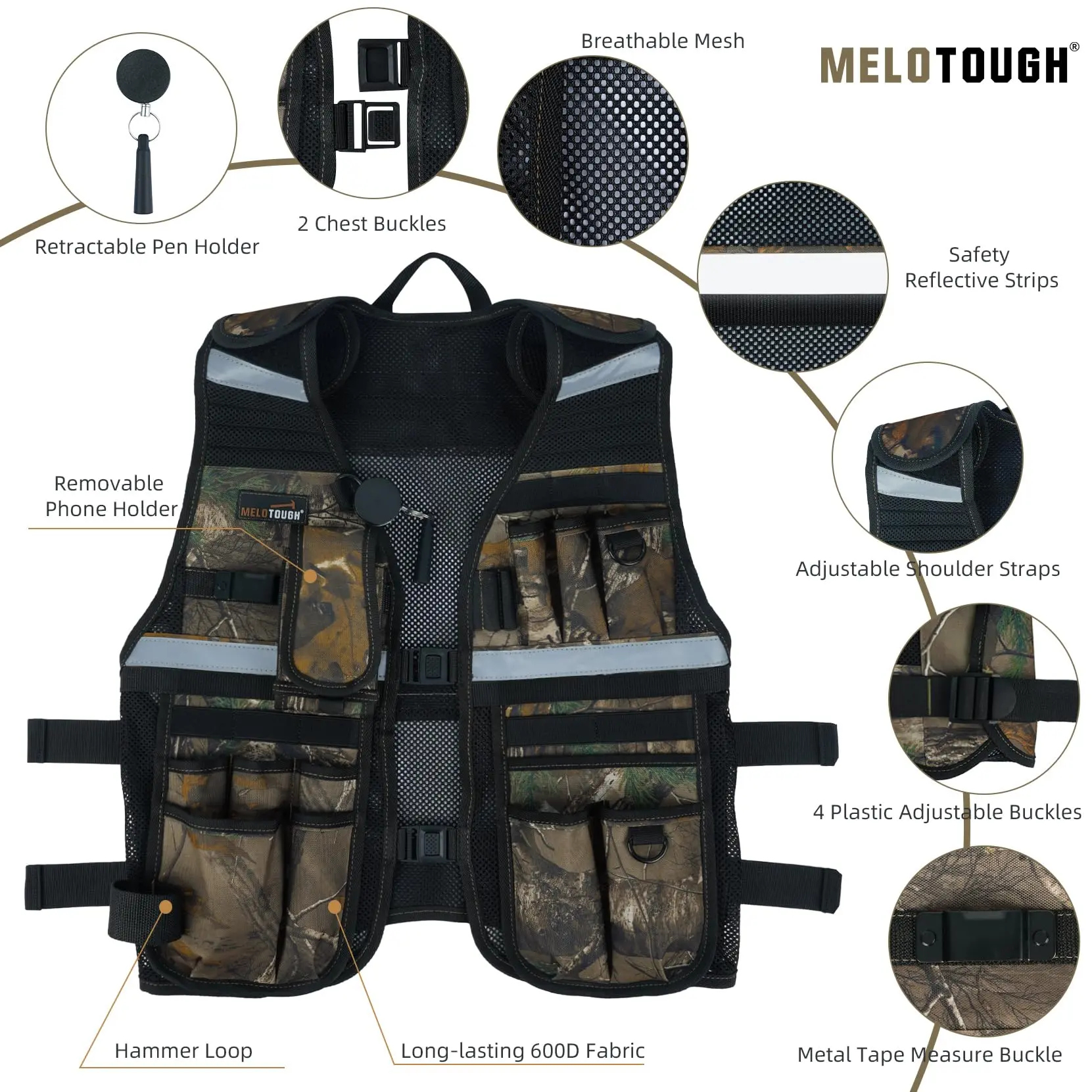 MELOTOUGH Tool Vest for Men Reflective Safety Vest with Adjustable