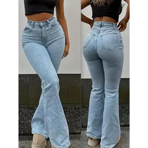 Y2K Fashion Stretch Washed Light Blue Micro Flared Women'S Jeans | High Waist, Slim Fit, Suitable for All Seasons, Solid Color