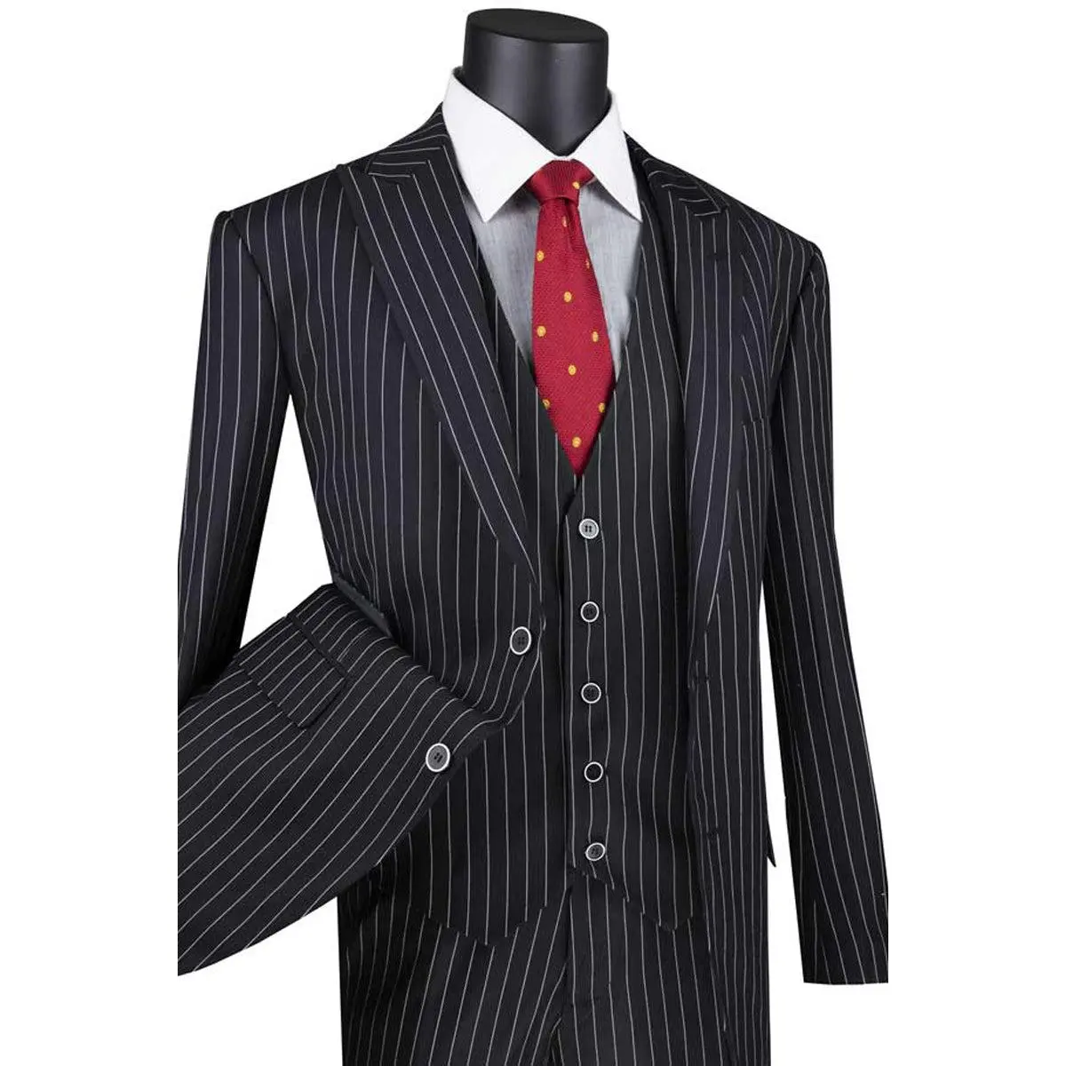 Mens Vested Bold Gangster Pinstripe Suit in Black
