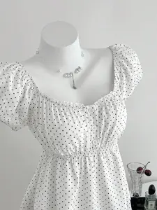 Womens Polka Dot Puff Sleeve Blouse – Sweetheart Neck Peplum Top